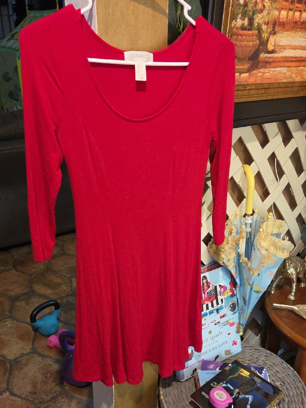 Forever 21 Bright Red Scoop Neck Long Sleeve Skater Dress